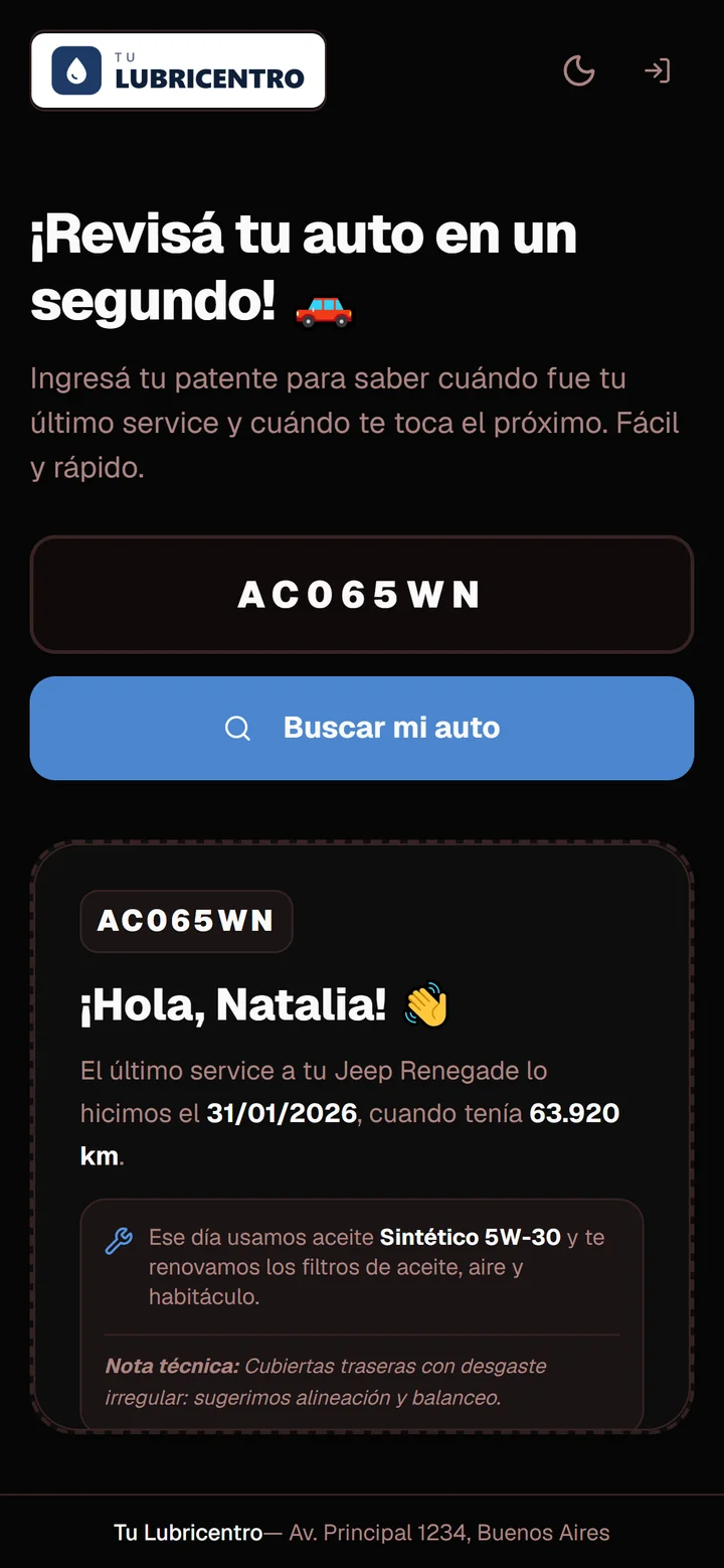 Pantalla de consulta con la patente ingresada y el saludo al cliente