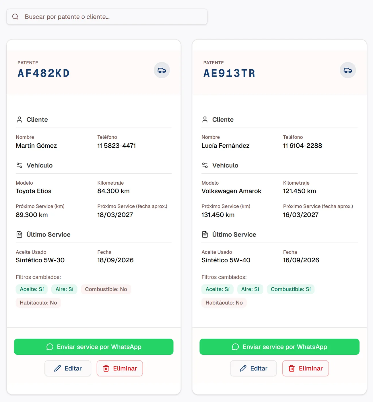 Tarjetas del panel con cliente, vehículo, último service, filtros cambiados y botón para enviar el service por WhatsApp