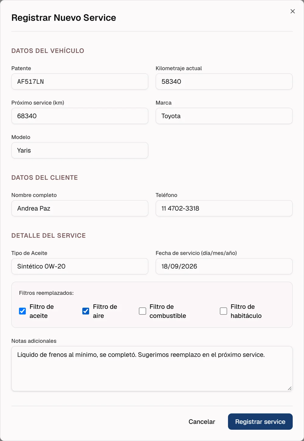 Formulario para registrar un nuevo service con datos del vehículo, del cliente y del service